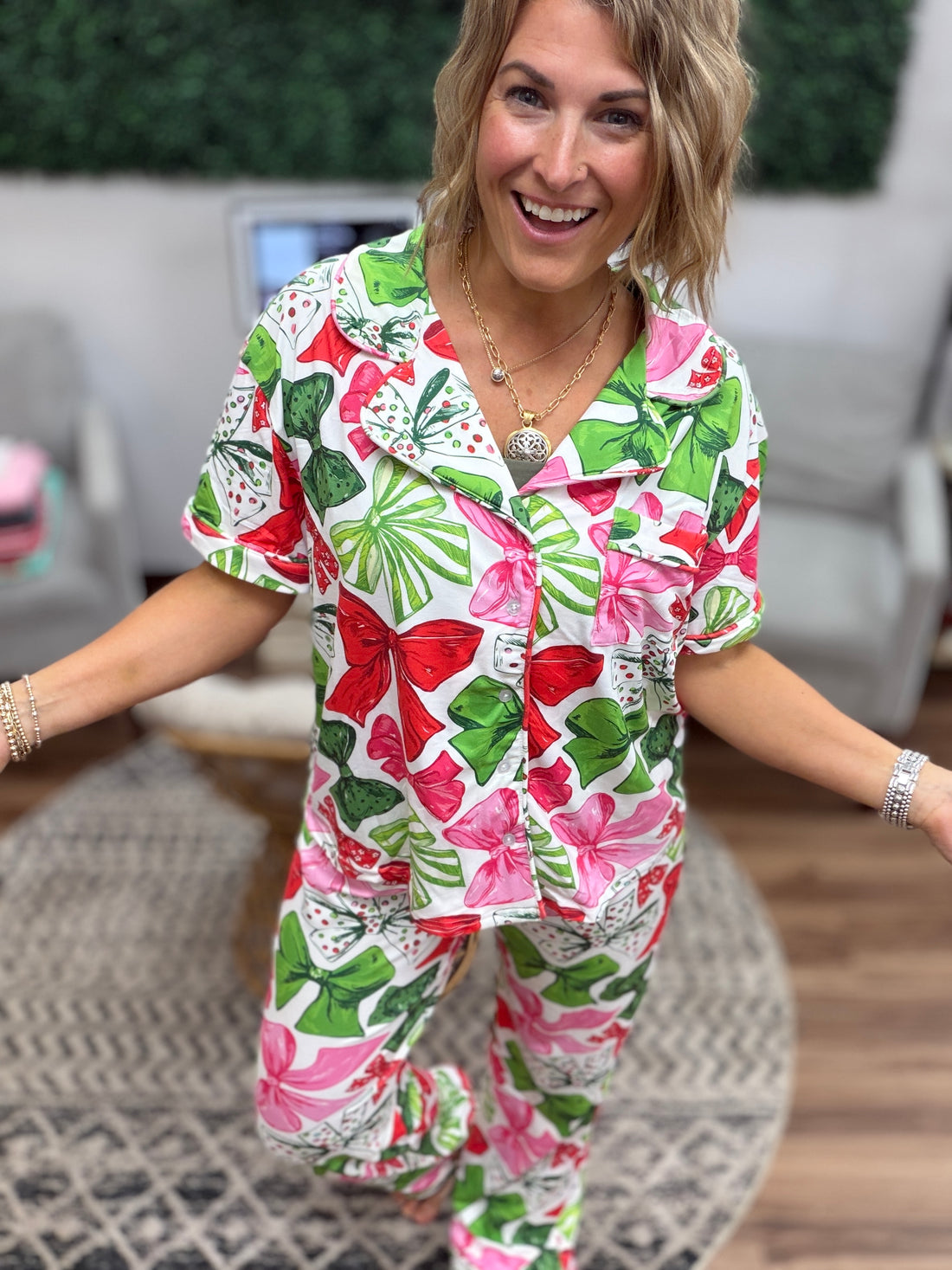 Christmas Bows Lounge Pant + Top Pajama Set