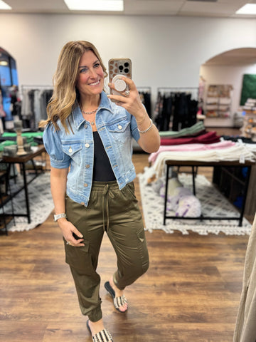 Jaclyn - Puff Sleeve Cropped Denim Jacket