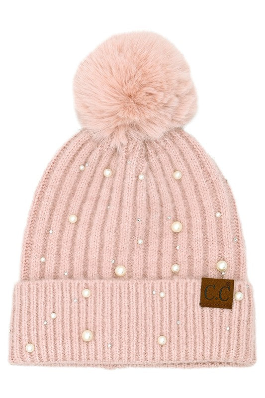 Pearl Embellished Pom Beanie