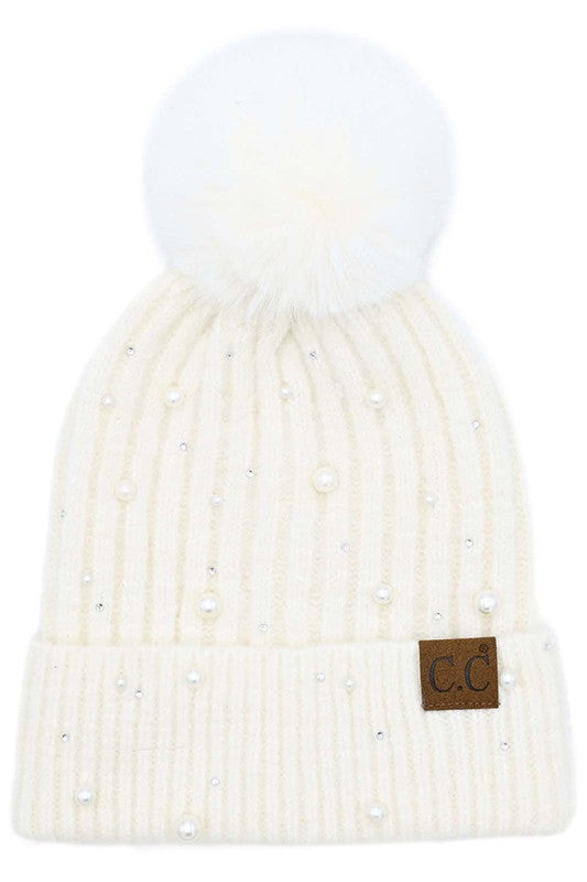 Pearl Embellished Pom Beanie