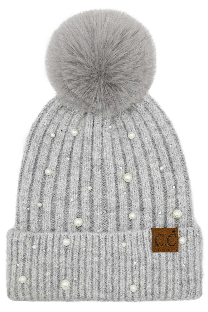 Pearl Embellished Pom Beanie