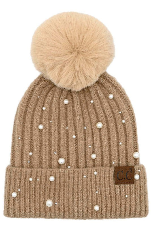 Pearl Embellished Pom Beanie