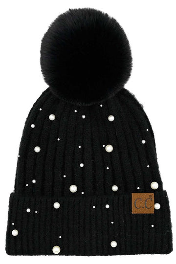 Pearl Embellished Pom Beanie