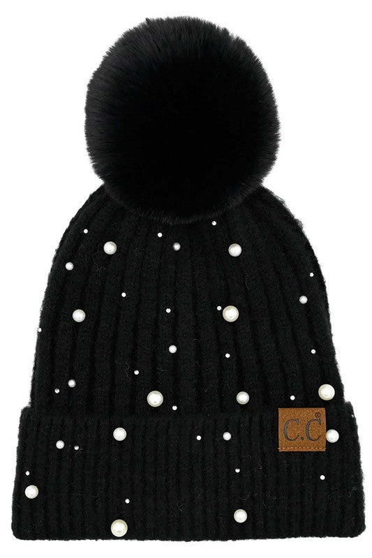 Pearl Embellished Pom Beanie