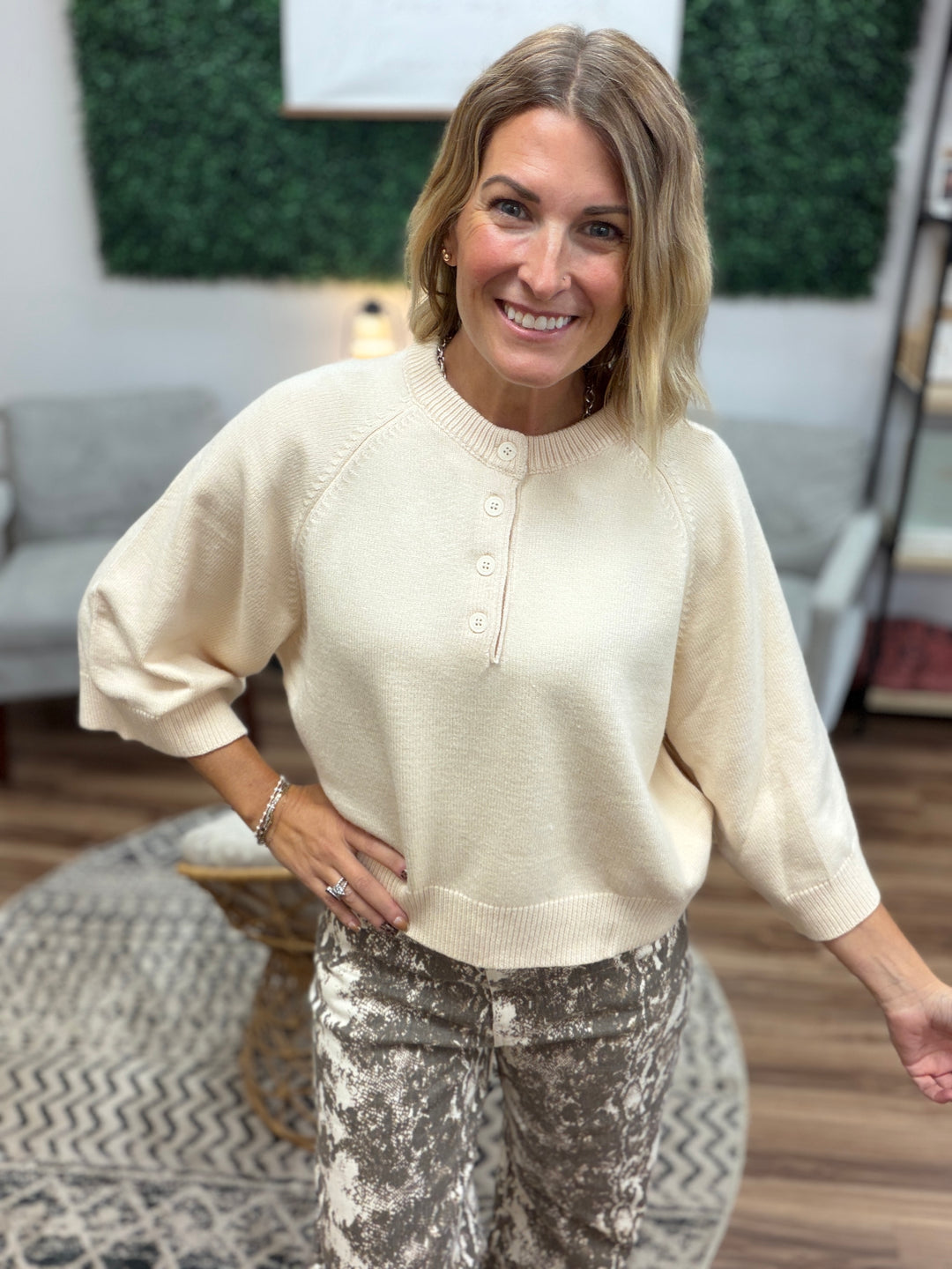 Buttoned Up Short Sleeve Sweater - Ecru