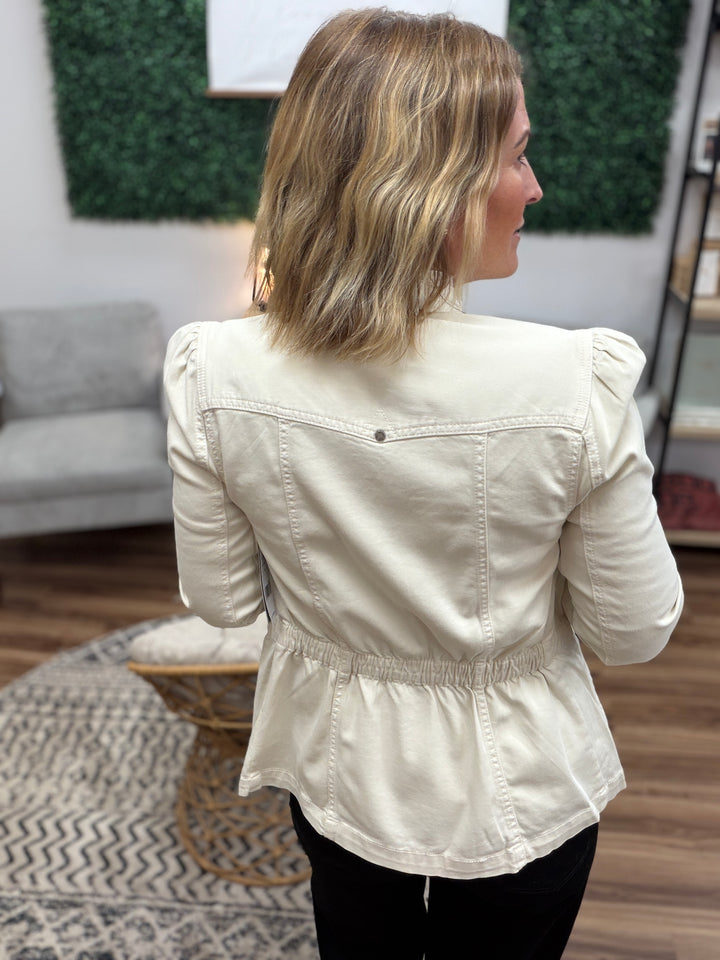 Liverpool - Puff Sleeve Trucker Jacket W/ Ruffle Collar - Bone