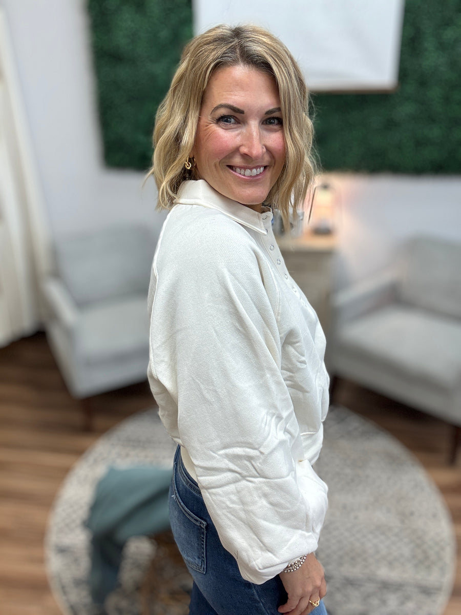 Balloon Sleeve Snap Polo - Pearl