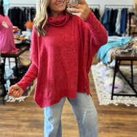 Brushed Melange Cowl Neck Poncho Pullover - Red