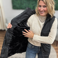 Long Puffer Vest with Hood - Black