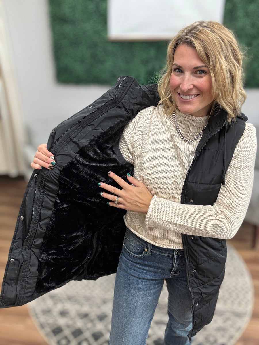 Long Puffer Vest with Hood - Black