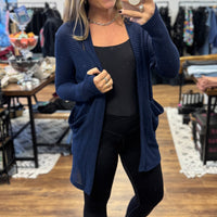 Lola Waffle Knit Cardigan with Thumbholes - Navy