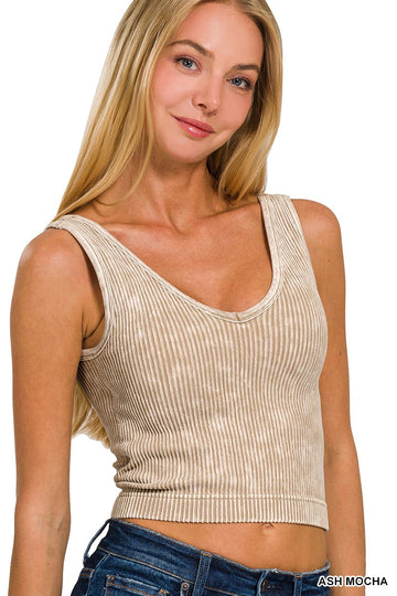 Seamless Ribbed Tank with Built-In Bra - Ash Mocha