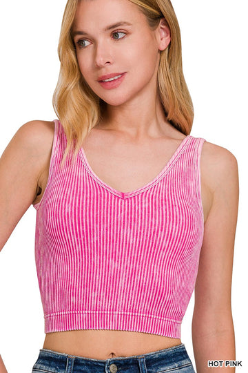 Seamless Ribbed Tank with Built-In Bra - Hot Pink