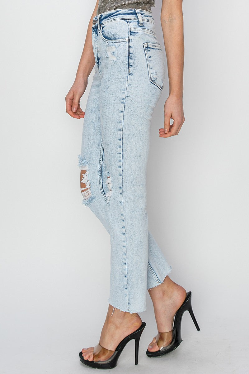 Risen - Acid Wash High Rise Knee Distressed Ankle Jeans