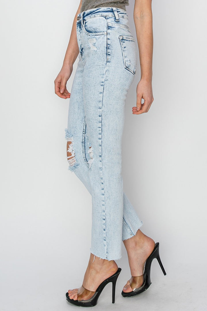 Risen - Acid Wash High Rise Knee Distressed Ankle Jeans