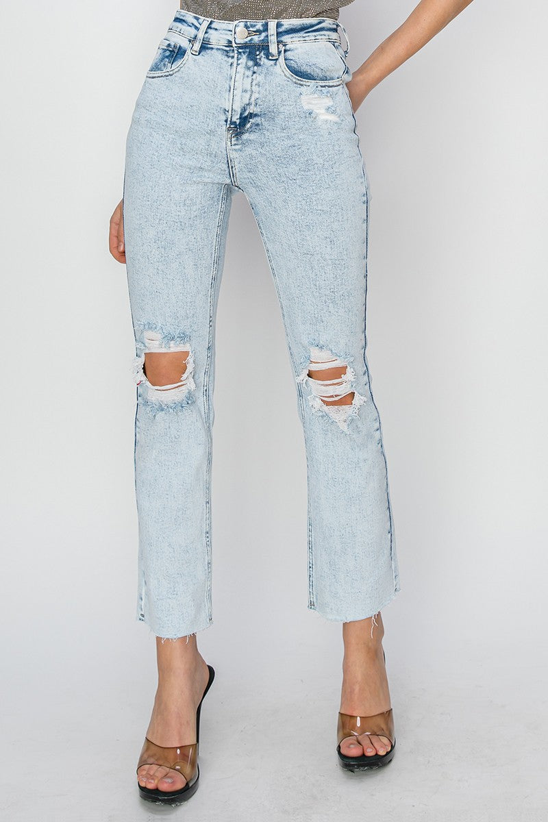 Risen - Acid Wash High Rise Knee Distressed Ankle Jeans