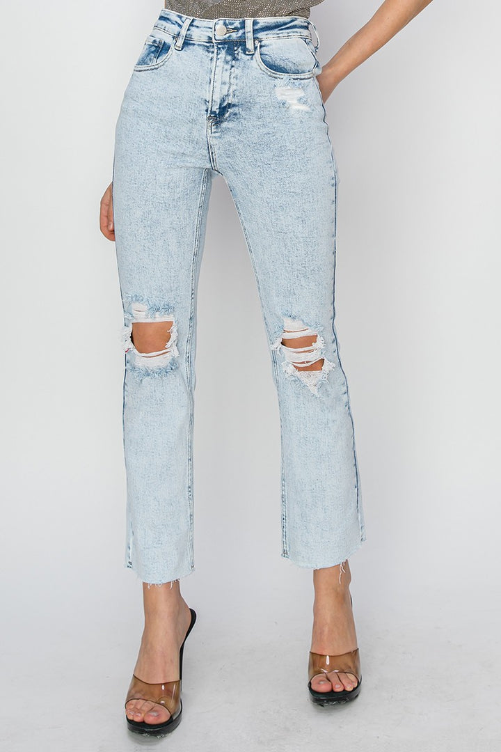 Risen - Acid Wash High Rise Knee Distressed Ankle Jeans