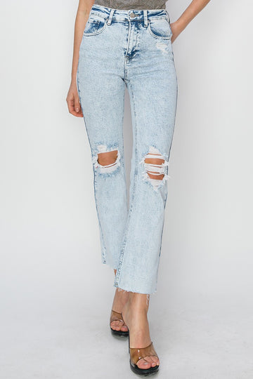 Risen - Acid Wash High Rise Knee Distressed Ankle Jeans