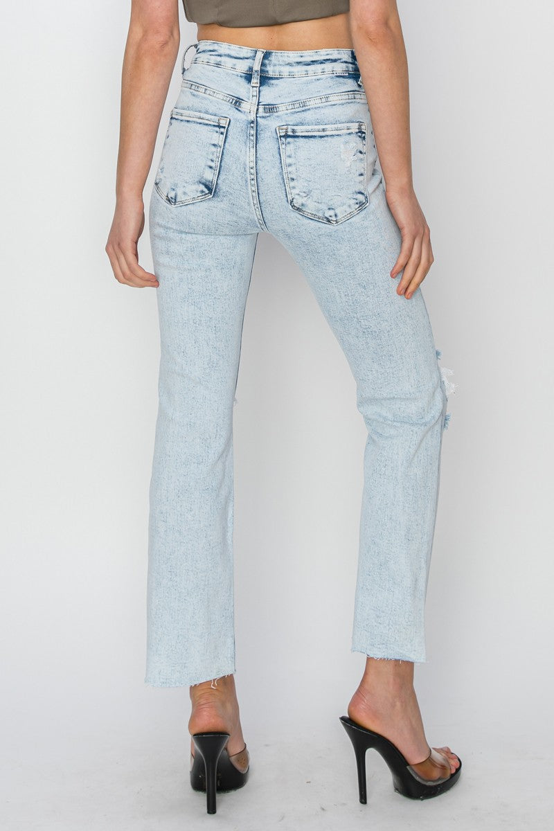 Risen - Acid Wash High Rise Knee Distressed Ankle Jeans