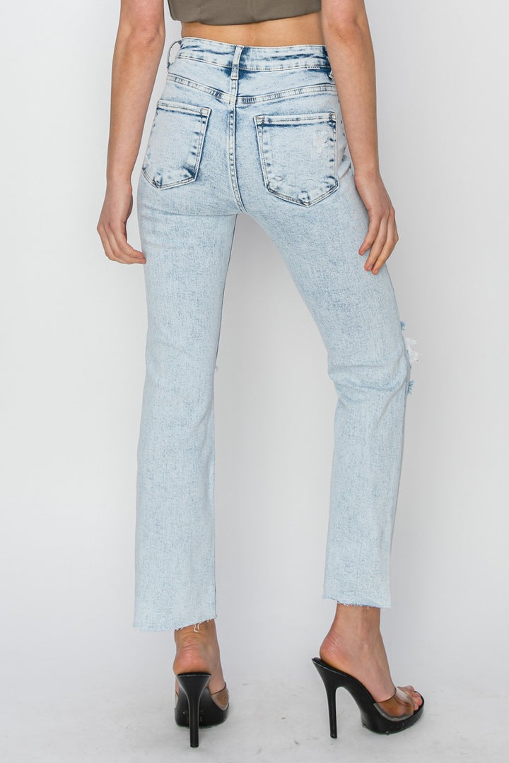 Risen - Acid Wash High Rise Knee Distressed Ankle Jeans