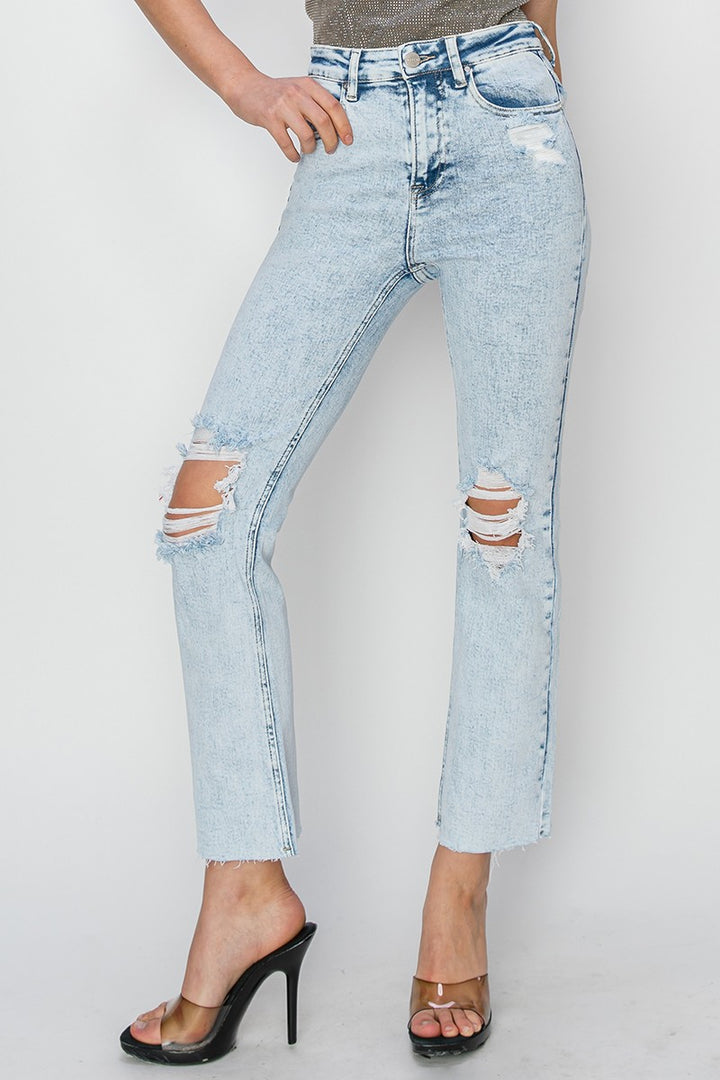 Risen - Acid Wash High Rise Knee Distressed Ankle Jeans