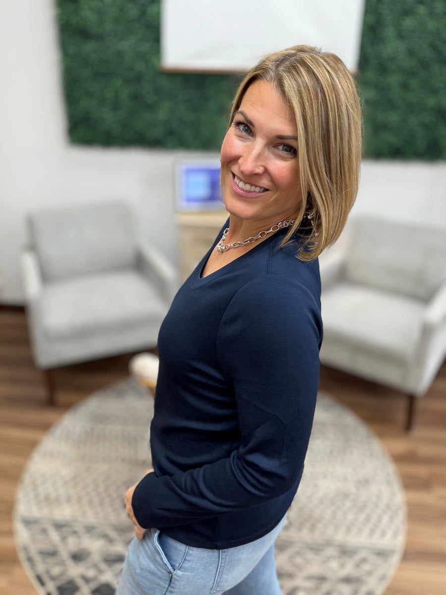 Liverpool - Long Sleeve Scoop Neck Knit Top - Dark Navy