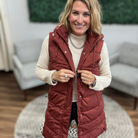 Long Puffer Vest with Hood - Terracota