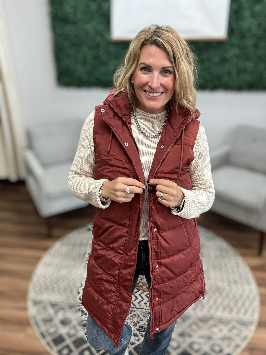 Long Puffer Vest with Hood - Terracota
