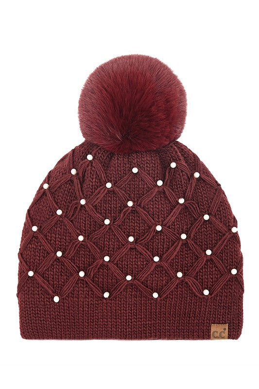 All Over Pearl Crochet Pom Beanie