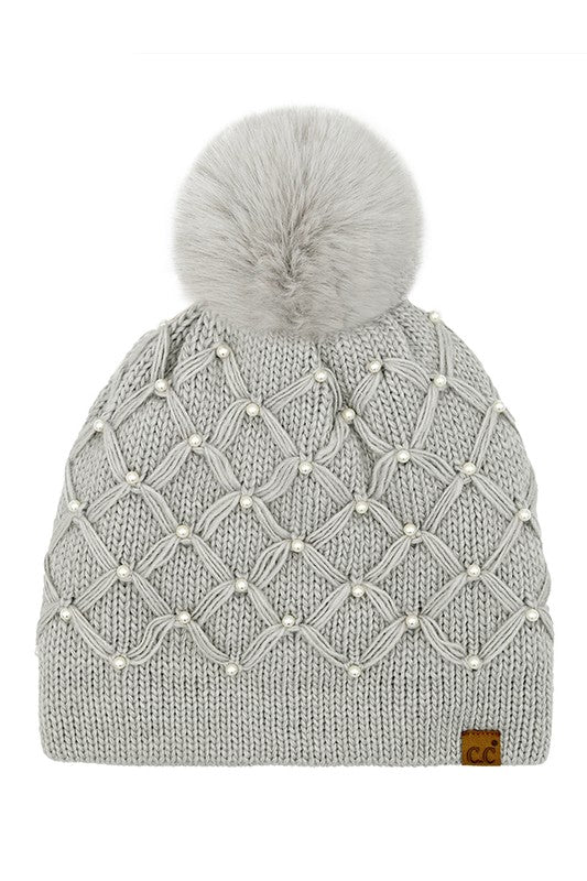 All Over Pearl Crochet Pom Beanie