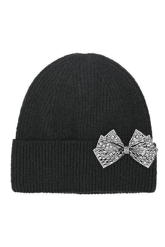 Rhinestone Bow Cuff Beanie