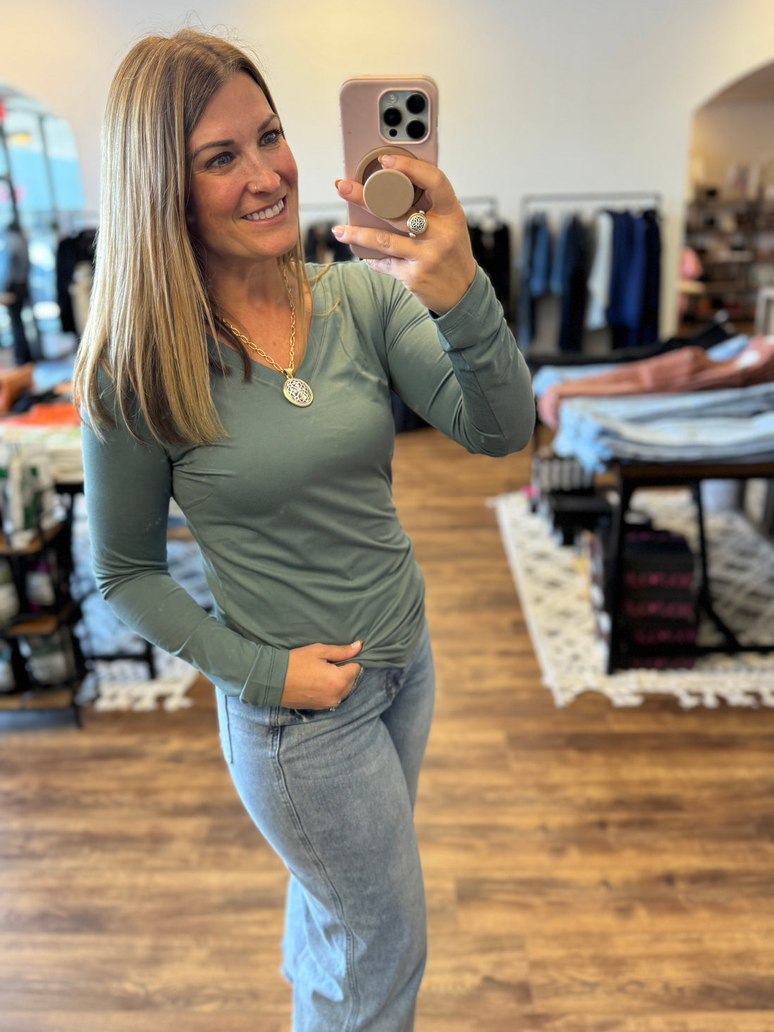 Microfiber V-Neck Long Sleeve Tee - Ash Jade