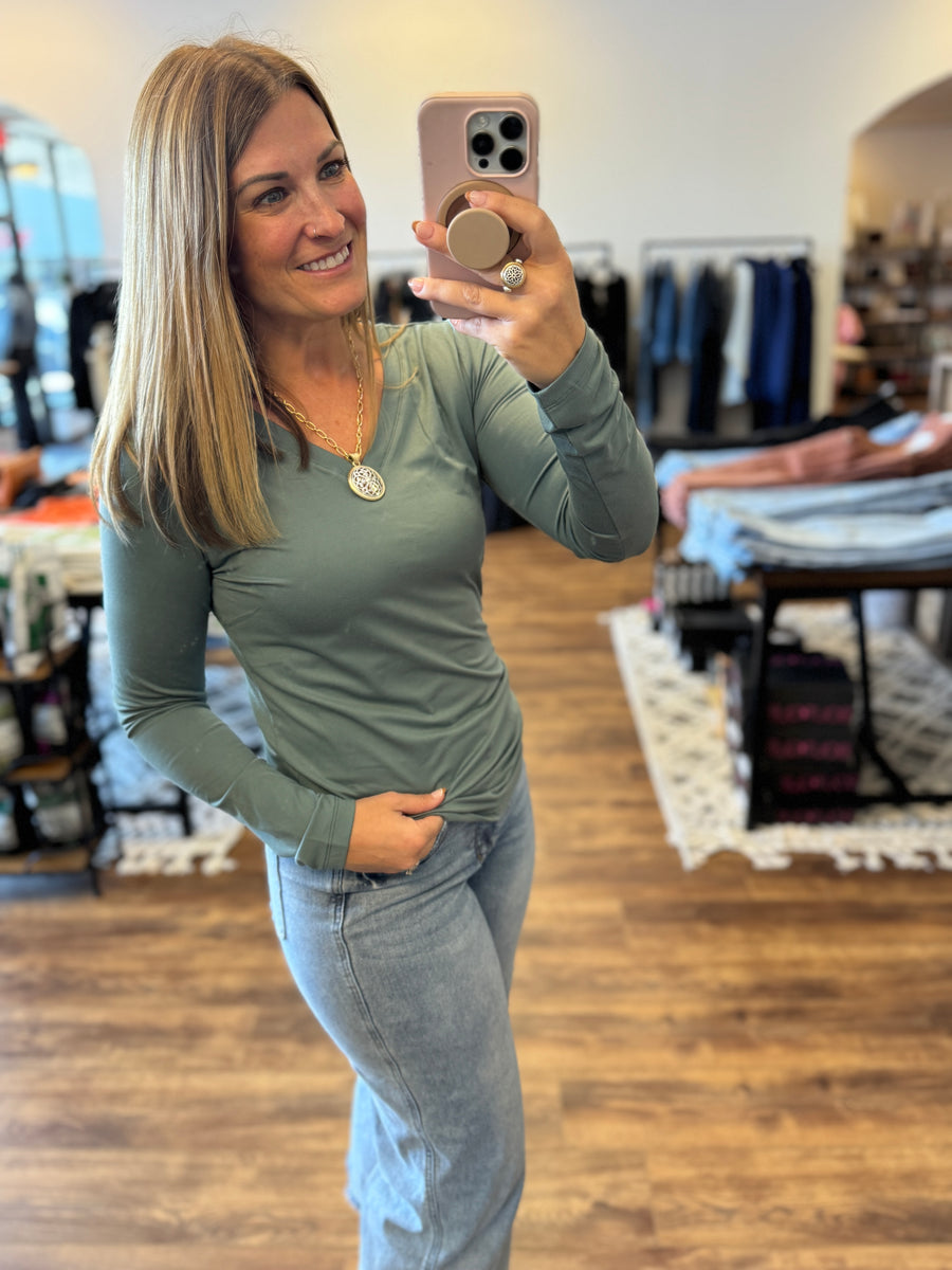 Microfiber V-Neck Long Sleeve Tee - Ash Jade