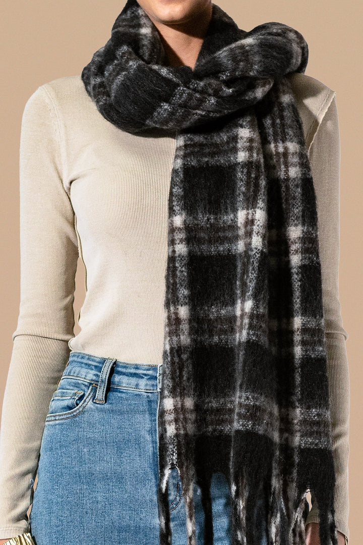 Cozy Check Fringe Scarf - Black