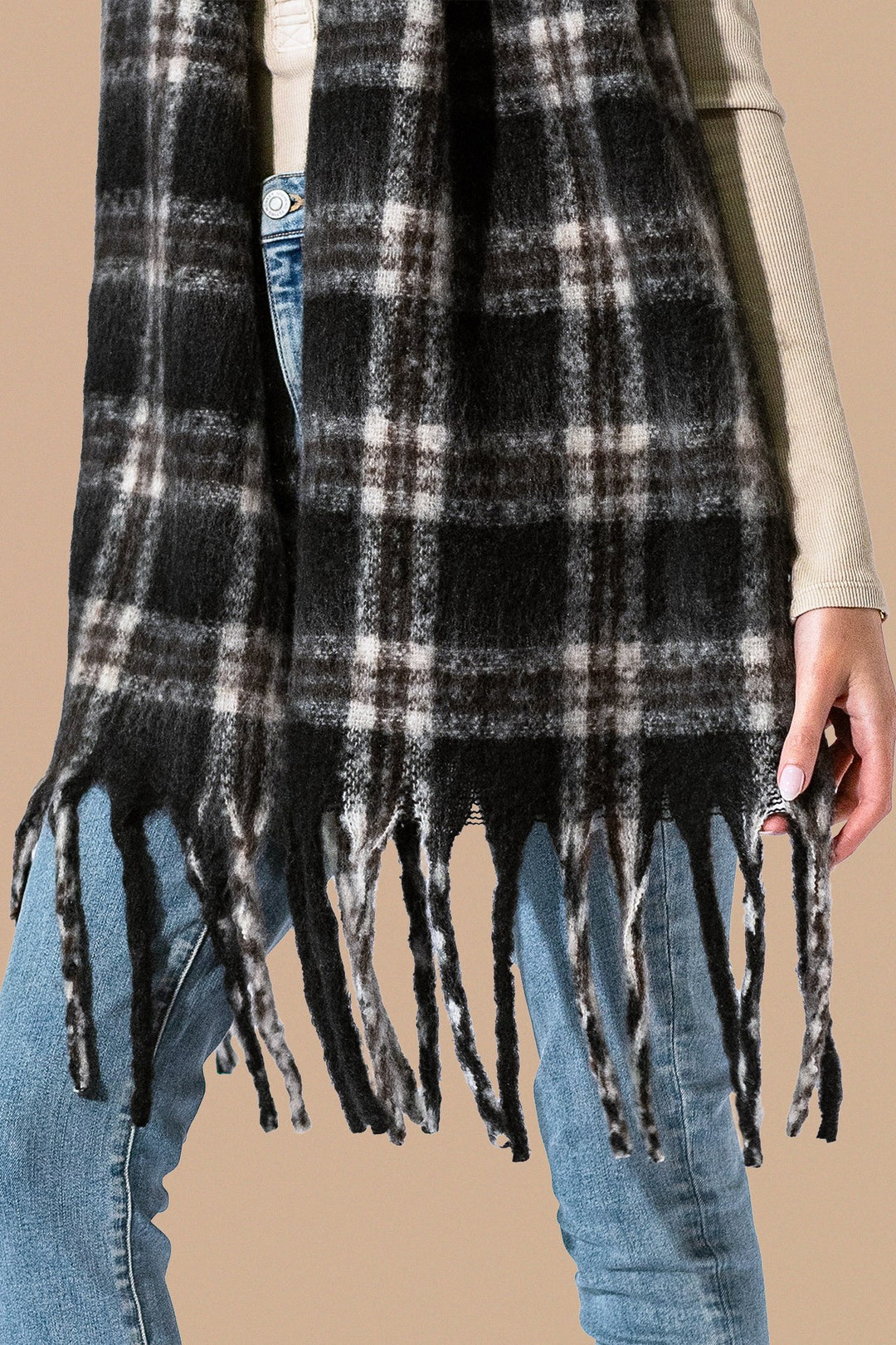 Cozy Check Fringe Scarf - Black