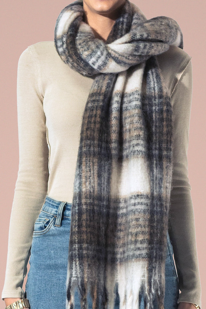 Cozy Check Fringe Scarf - Beige