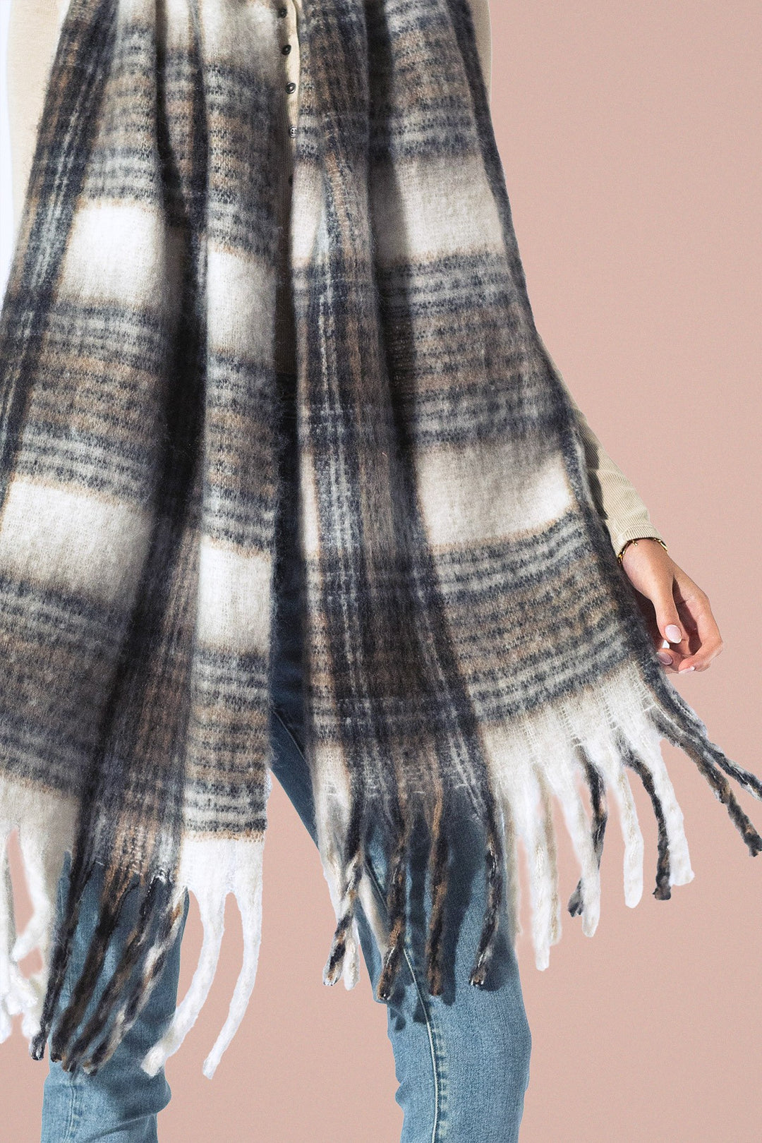 Cozy Check Fringe Scarf - Beige
