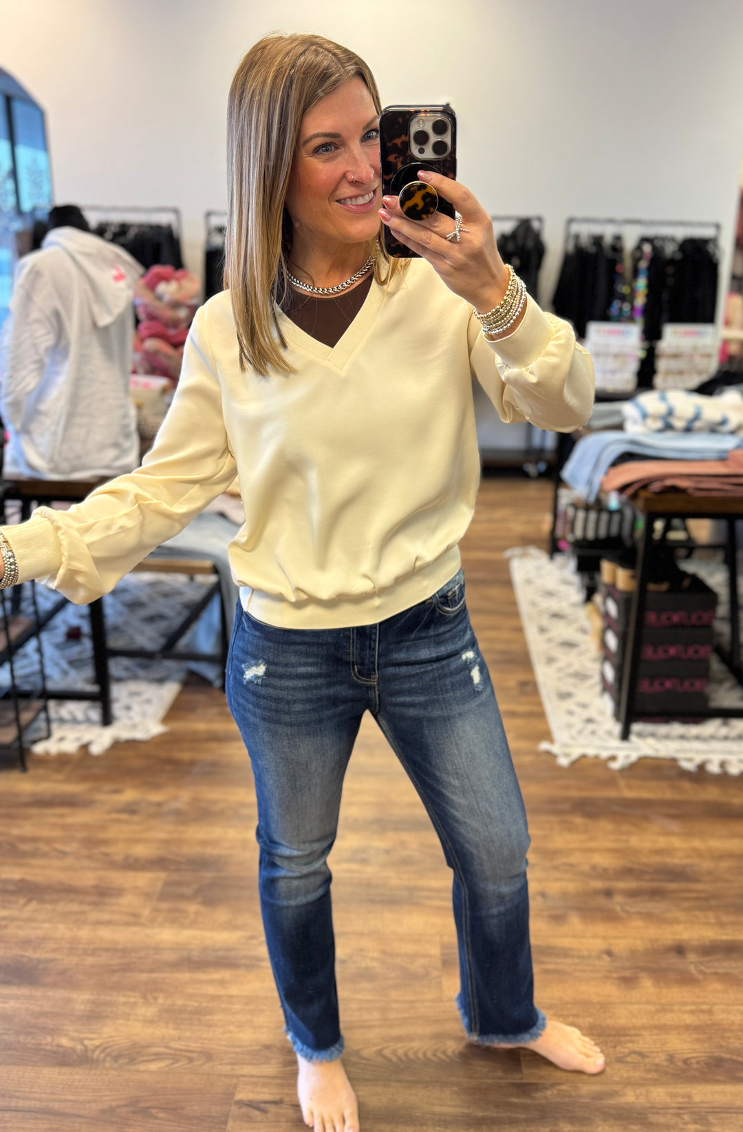 Lainey - Long Sleeve V Neck Sateen Pullover  - Cream