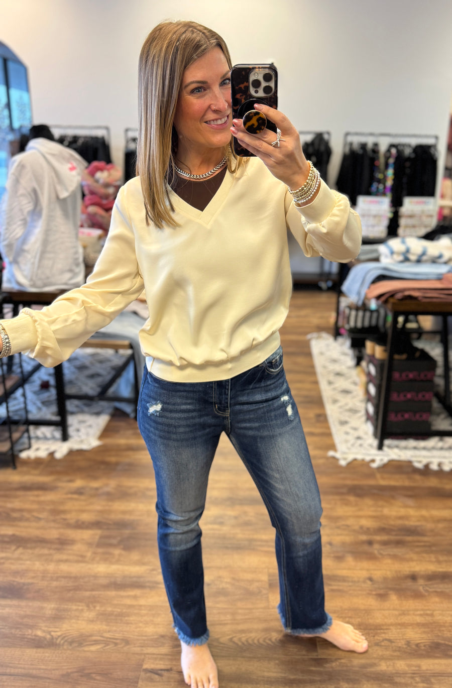 Lainey - Long Sleeve V Neck Sateen Pullover  - Cream