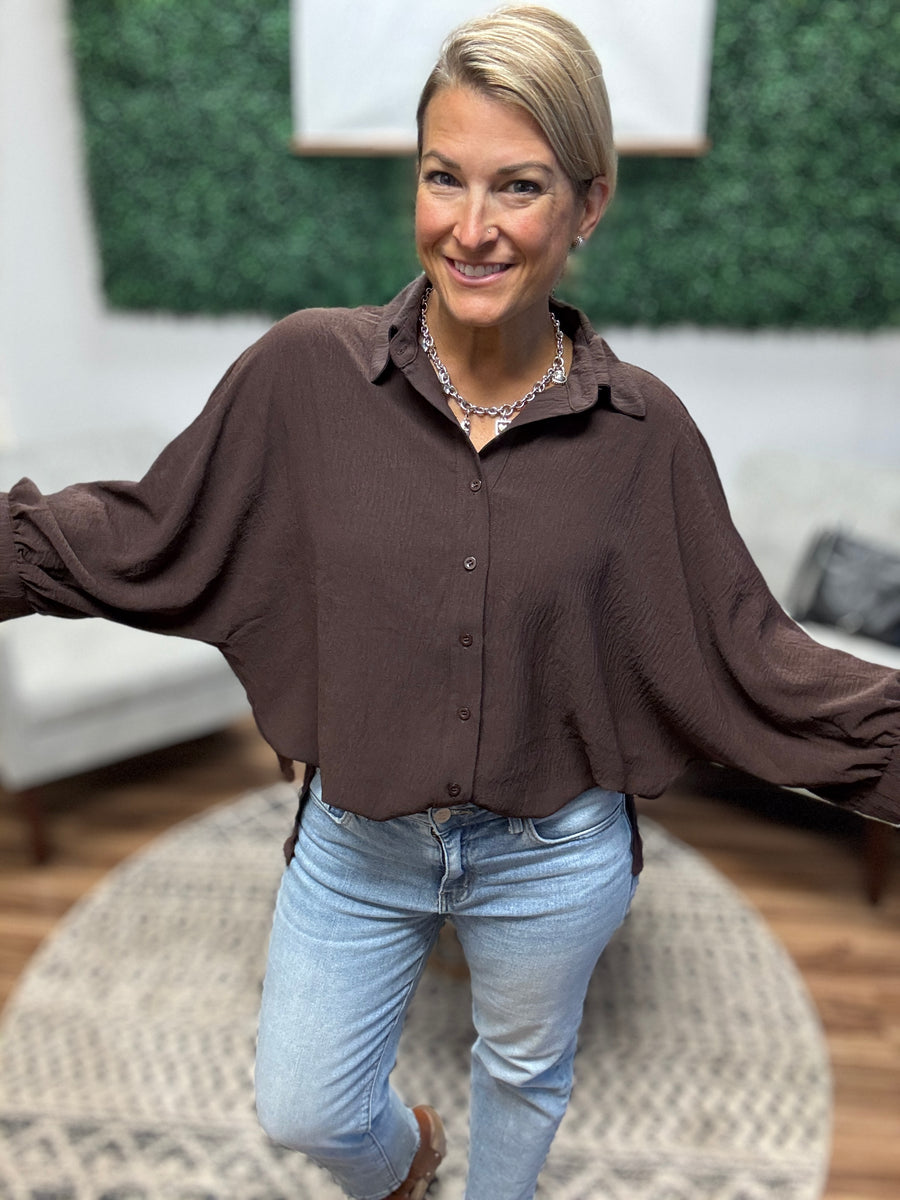 Sloane Button Up Dolman Top - Chocolate
