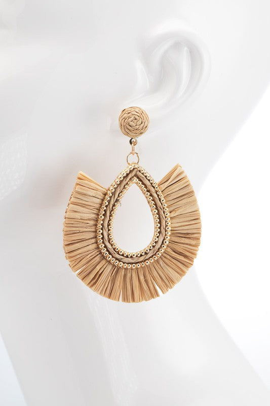Teardrop Shaped Raffia Straw Earrings