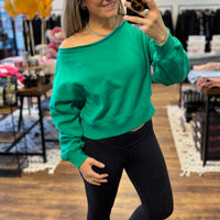 Fleece Off Shoulder Pullover - Kelly Green