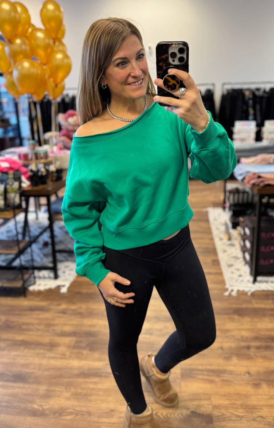 Fleece Off Shoulder Pullover - Kelly Green