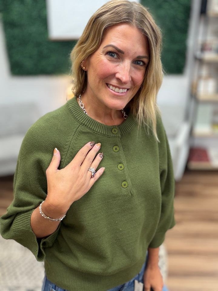 Buttoned Up Short Sleeve Sweater - Olive