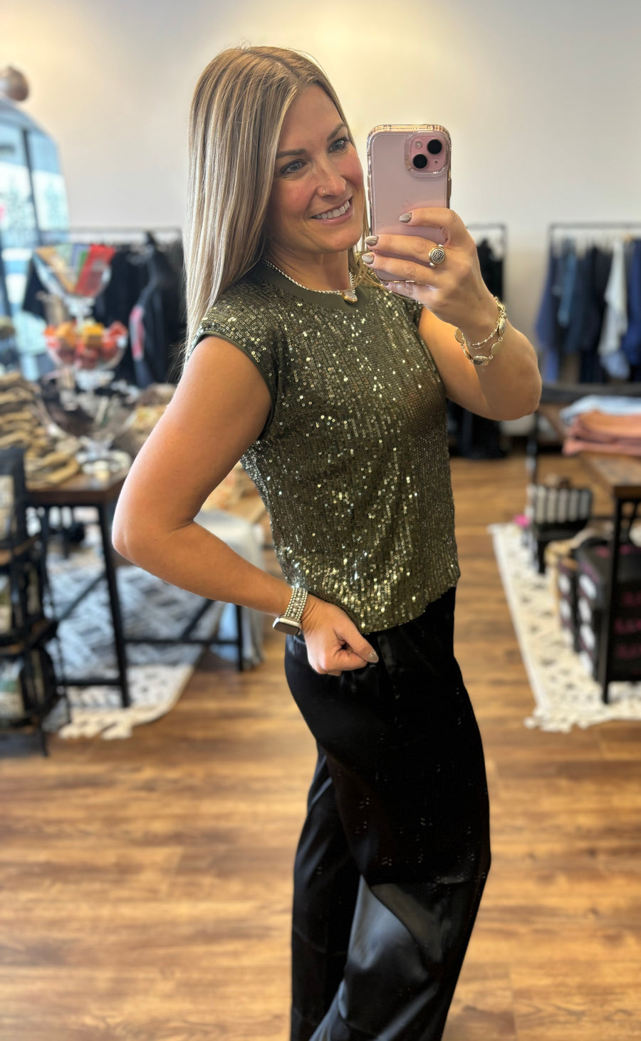 Sequin Bubble Muscle Tank - Olive