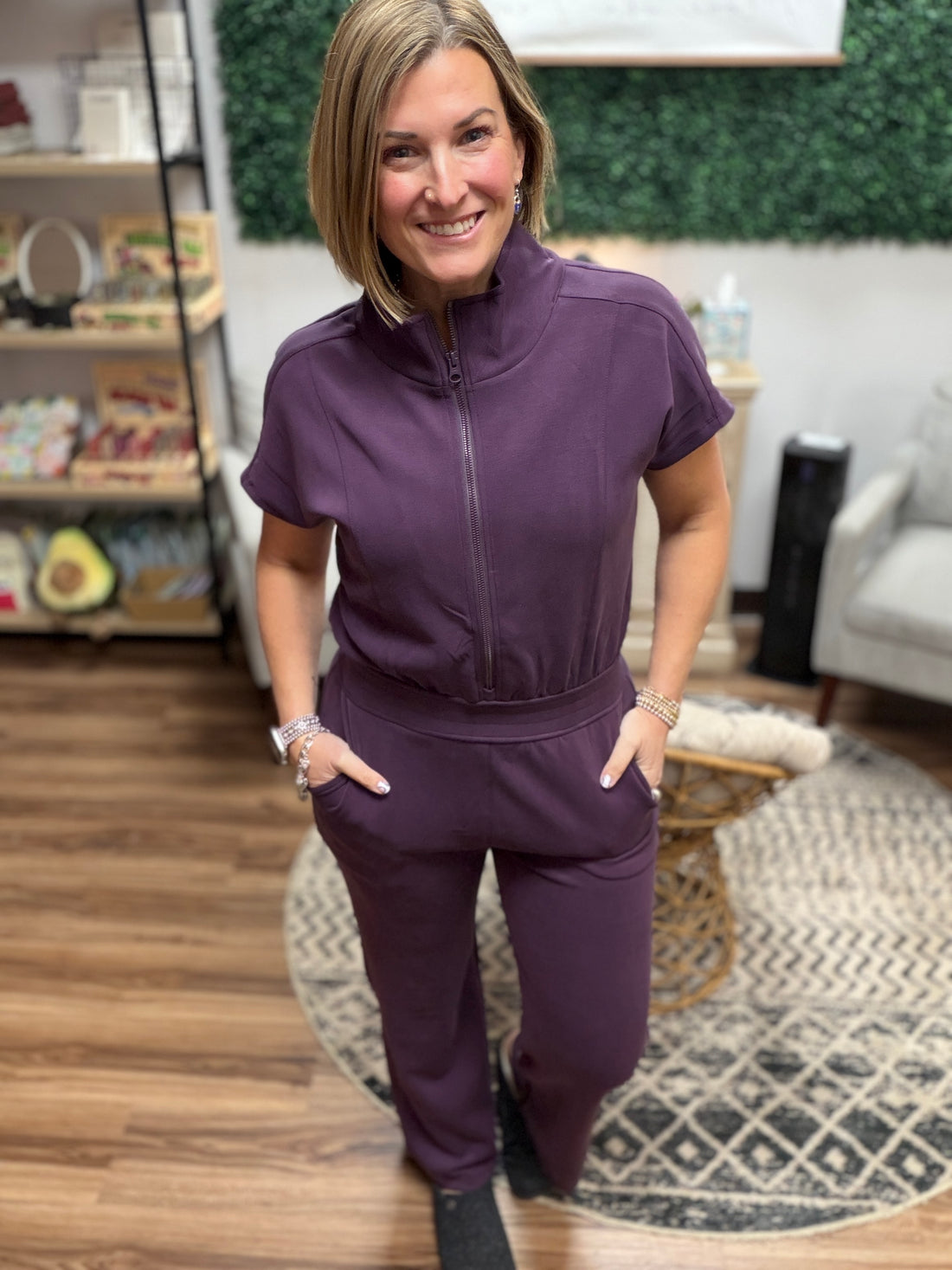 Modal Scuba Zip-Front Jumpsuit - Plum