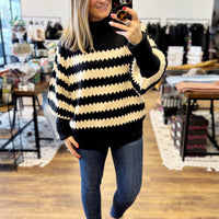 Striped Sweater with Balloon Sleeves - Black