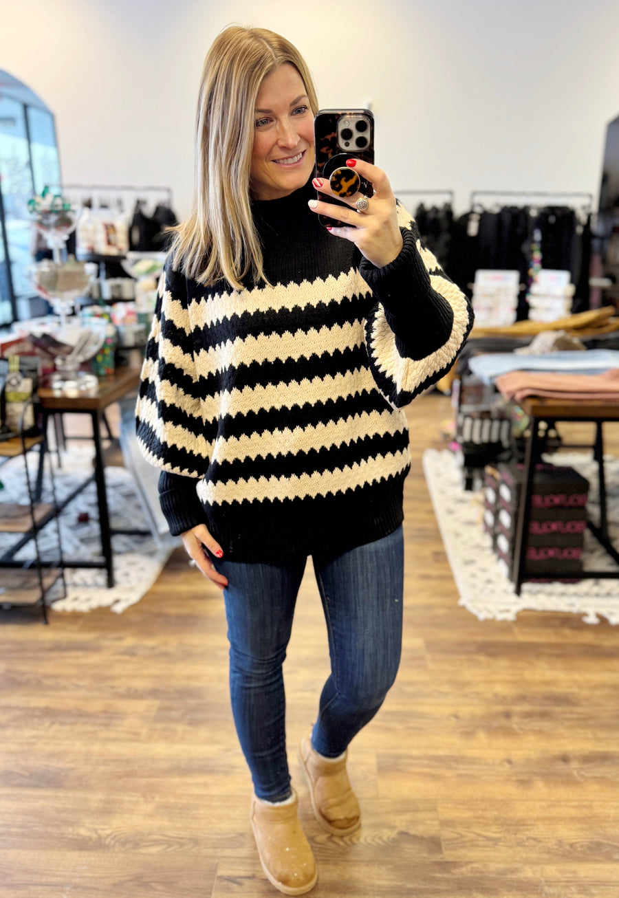 Striped Sweater with Balloon Sleeves - Black