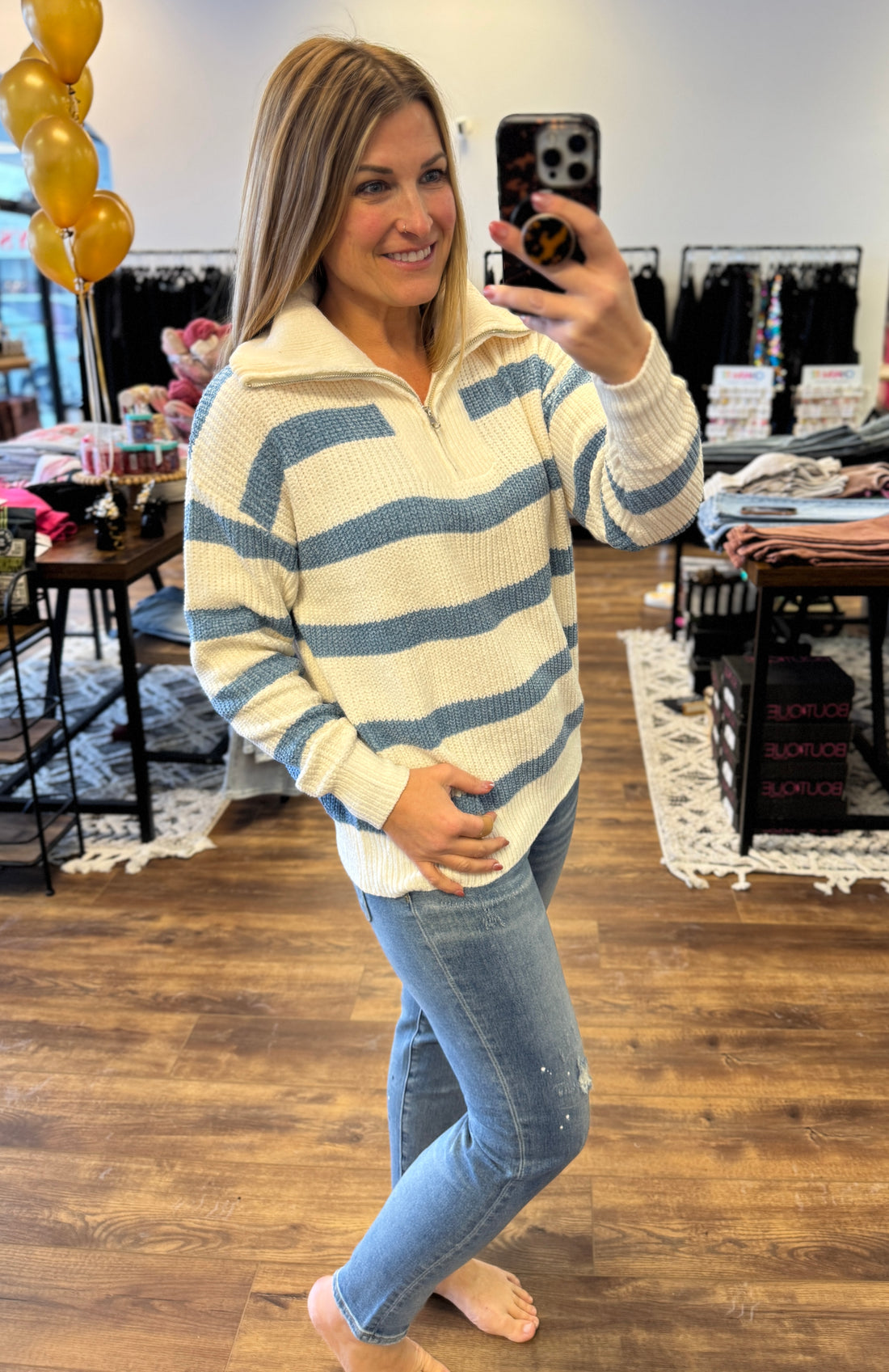 Quarter Zip Collared Stripe Sweater