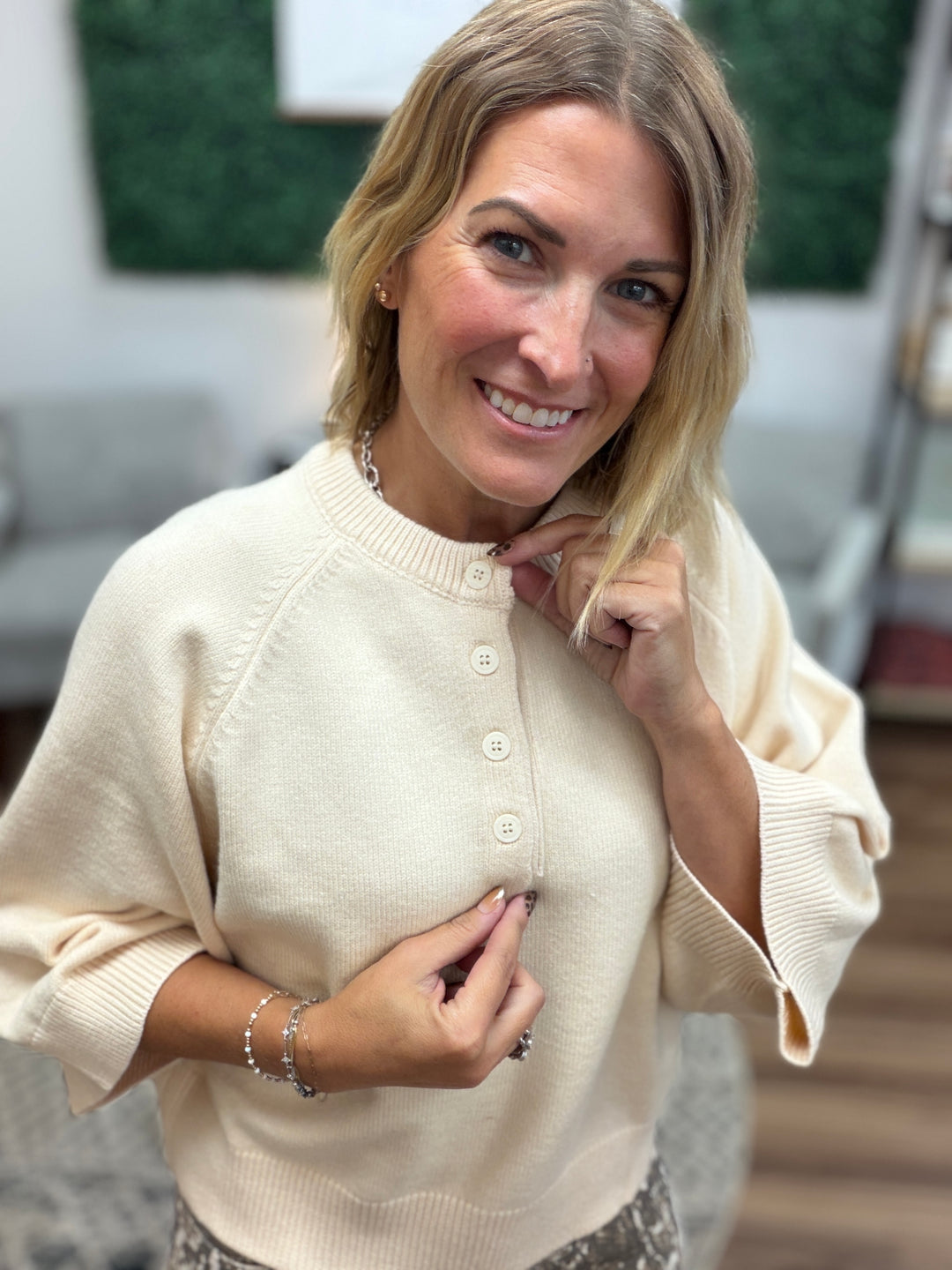 Buttoned Up Short Sleeve Sweater - Ecru